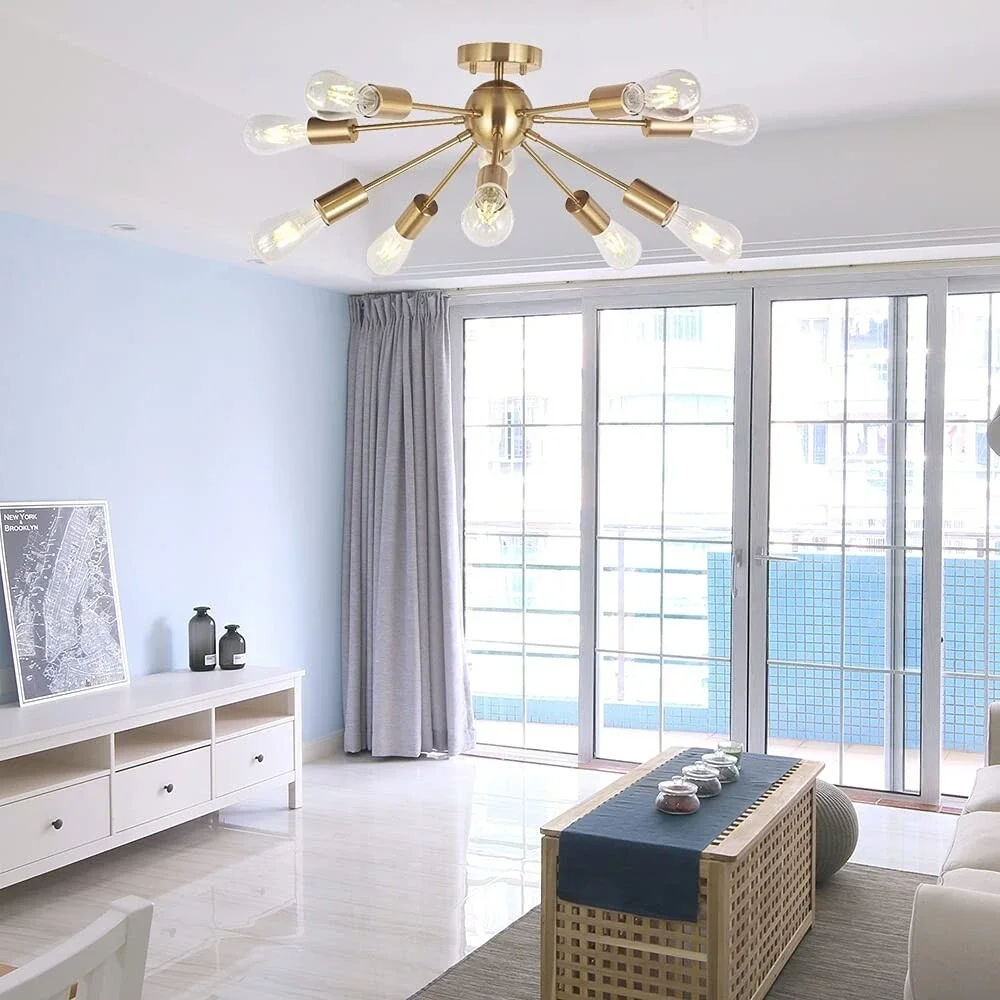 Modern Sputnik Chandelier Brushed Brass‎ 10 Light Flush Mount Ceiling Lamp
